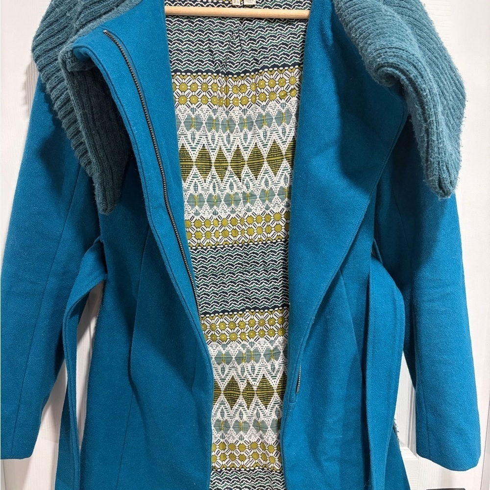 Anthropologie Elevenses Teal Coat Ribbed Collar Belt Wool Blend Boho - Picture 7 of 15